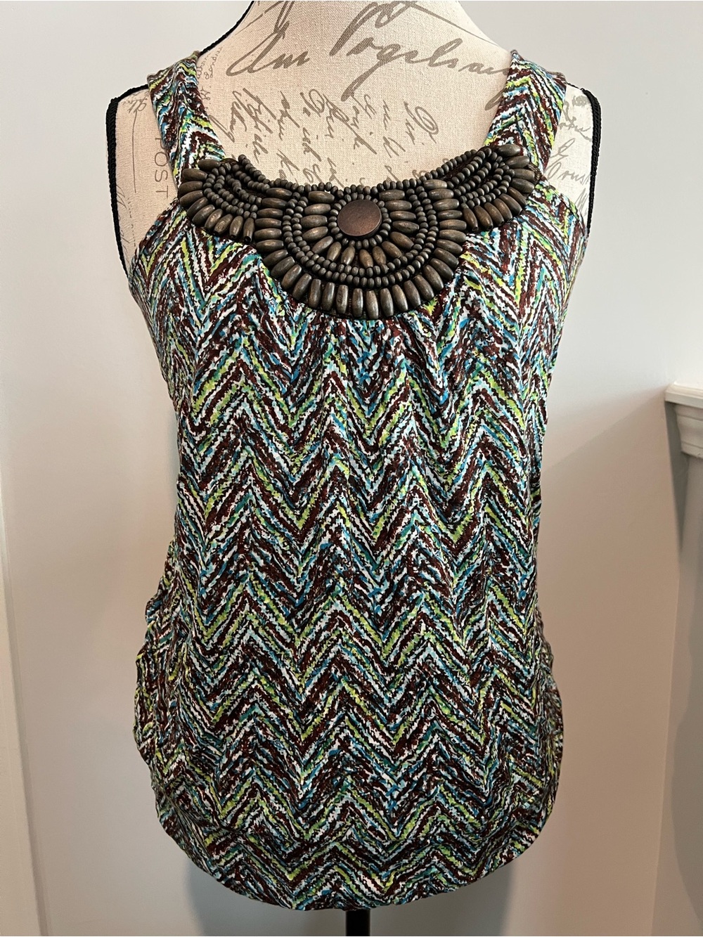 Beaded Chevron-Print Sleeveless Camisole - Green/Blue/Brown